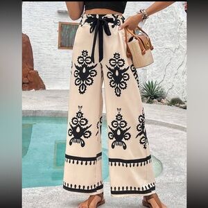 Boho Paisley Print Wide Legs Stretchy Waist Pants